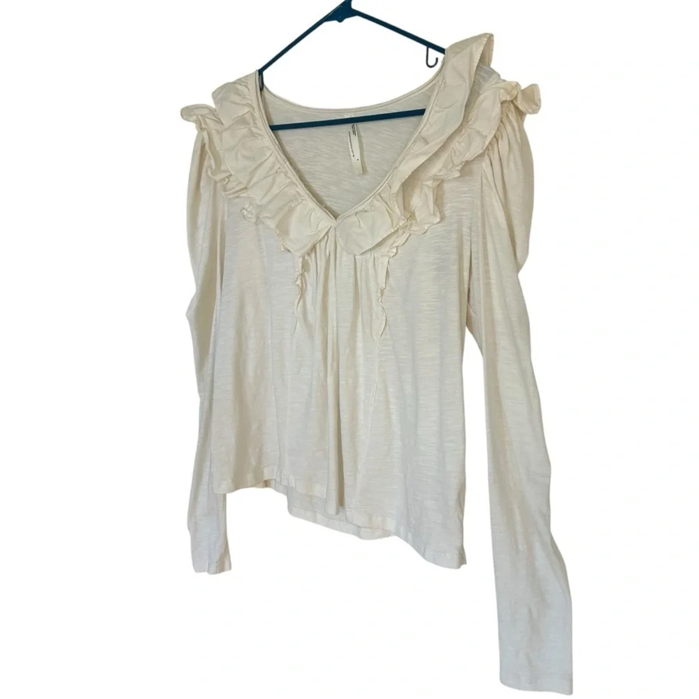 Anthropologie Cream‎ Ruffled V-Neck Puff Shoulder Blouse Cotton Small
